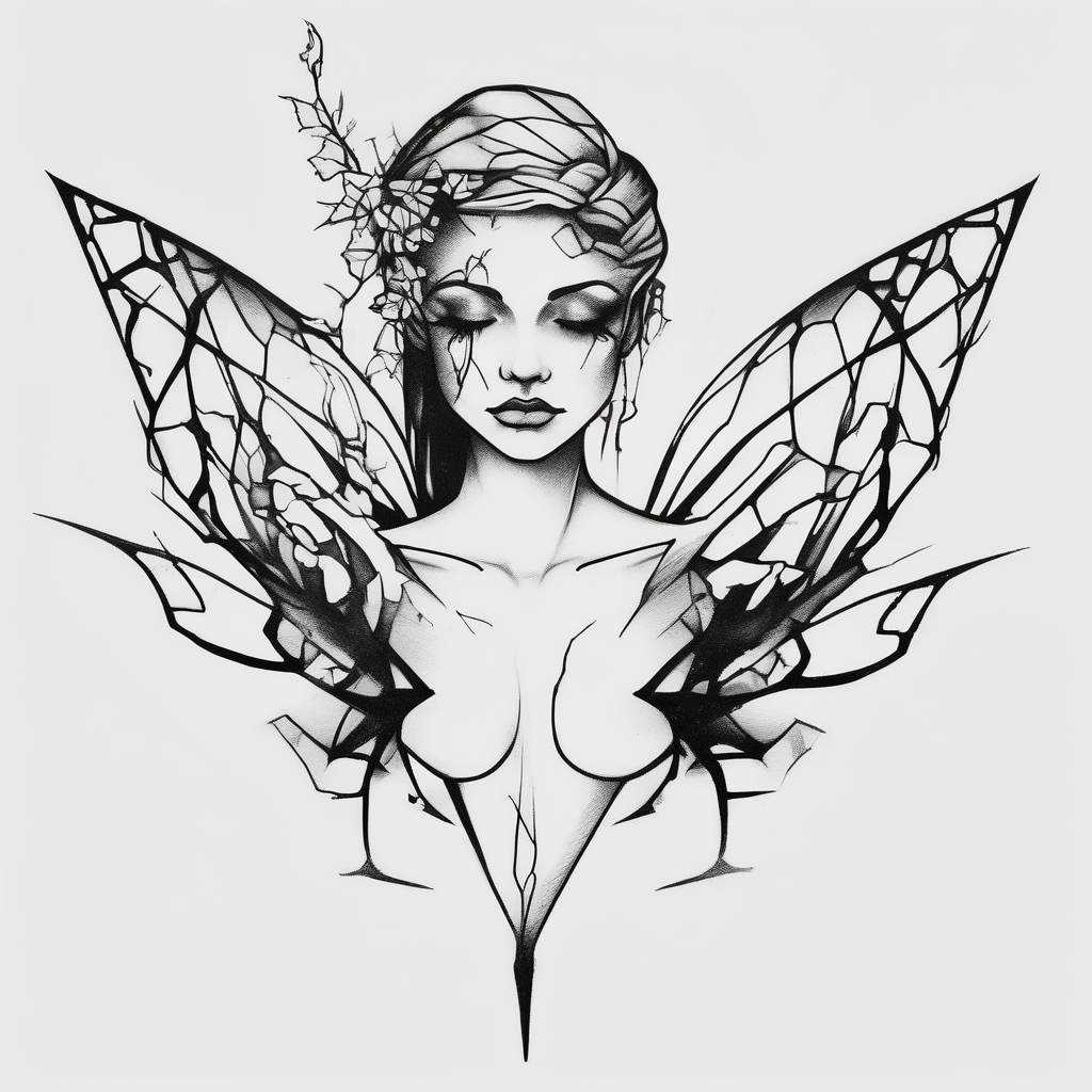 A minimalist fairy tattoo that represents a shattered and betrayed gemini woman who fought hard throughout this year. With colors blue and black. Make it unique and rare. Without leaves and stem. floral sleeve tattoo, diseño de tatuaje Blanco y negro generado con IA